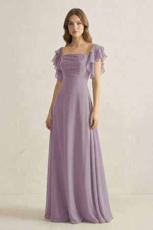 Dusk Ruffled Sleeves A-Line Chiffon Bridesmaid Dress | KISSBRIDAL
