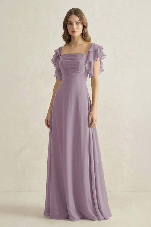 Dusk Ruffled Sleeves A-Line Chiffon Bridesmaid Dress | KISSBRIDAL