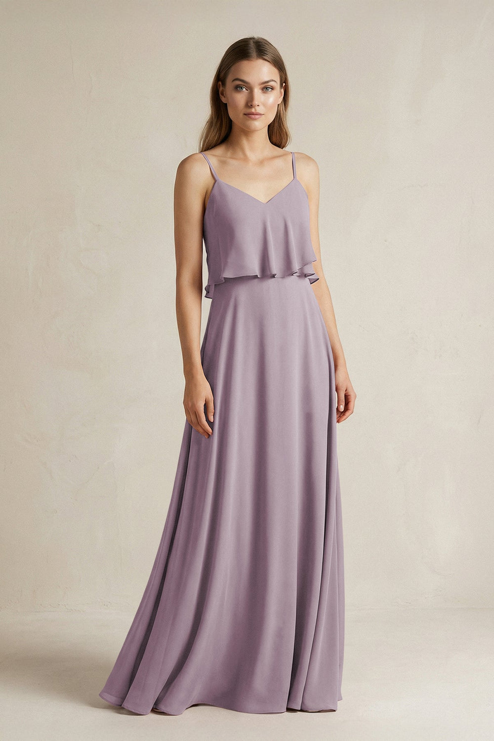 Ruffled Spaghetti Strap A-Line Chiffon Bridesmaid Dress in Dusk