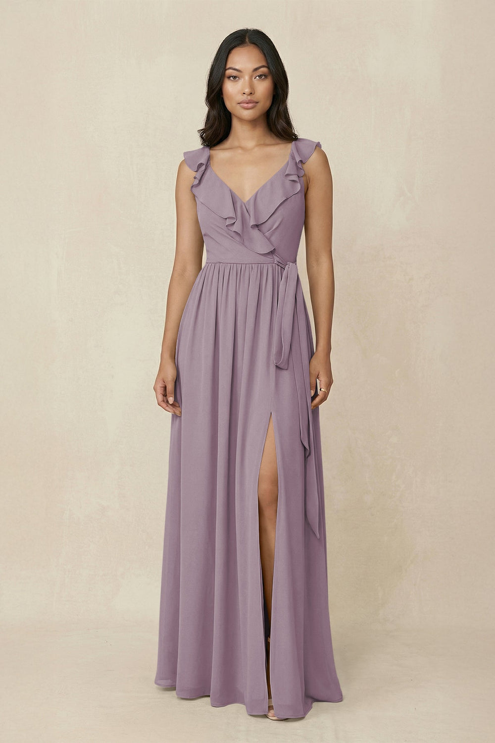Ruffled V-Neck A-Line Chiffon Bridesmaid Dress in Dusk