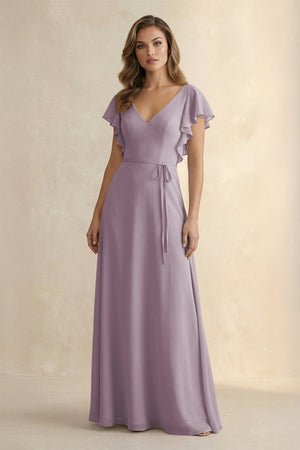 Dusk Ruffled V-Neck Chiffon A-Line Bridesmaid Dress | KISSBRIDAL