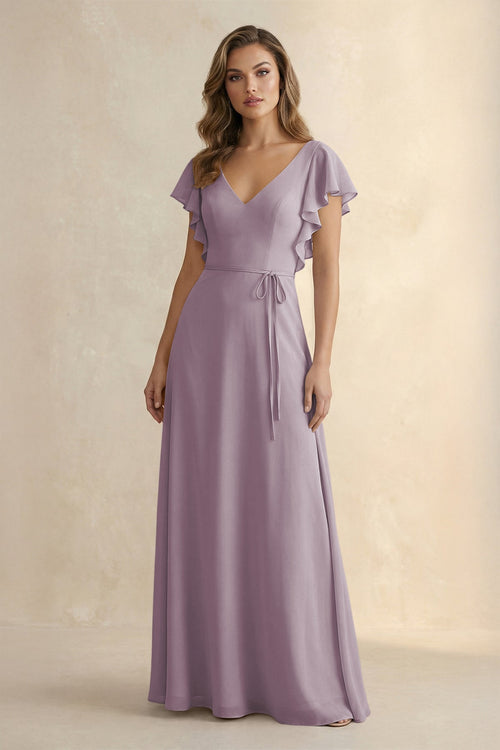 Dusk Ruffled V-Neck Chiffon A-Line Bridesmaid Dress | KISSBRIDAL
