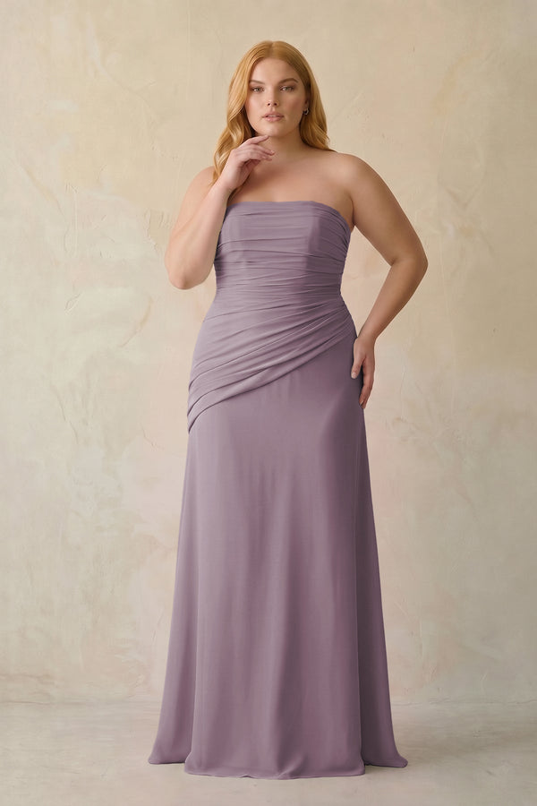 Dusk Sheath Chiffon Strapless Pleated Bridesmaid Dress [sizeplus] | KISSBRIDAL