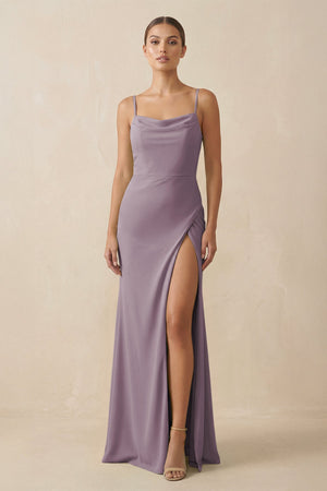 Dusk Sheath Spaghetti Straps Chiffon Long Bridesmaid Dress | KISSBRIDAL