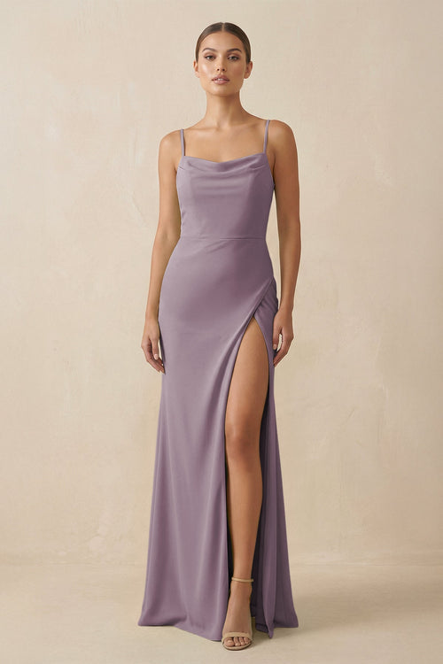 Dusk Sheath Spaghetti Straps Chiffon Long Bridesmaid Dress | KISSBRIDAL