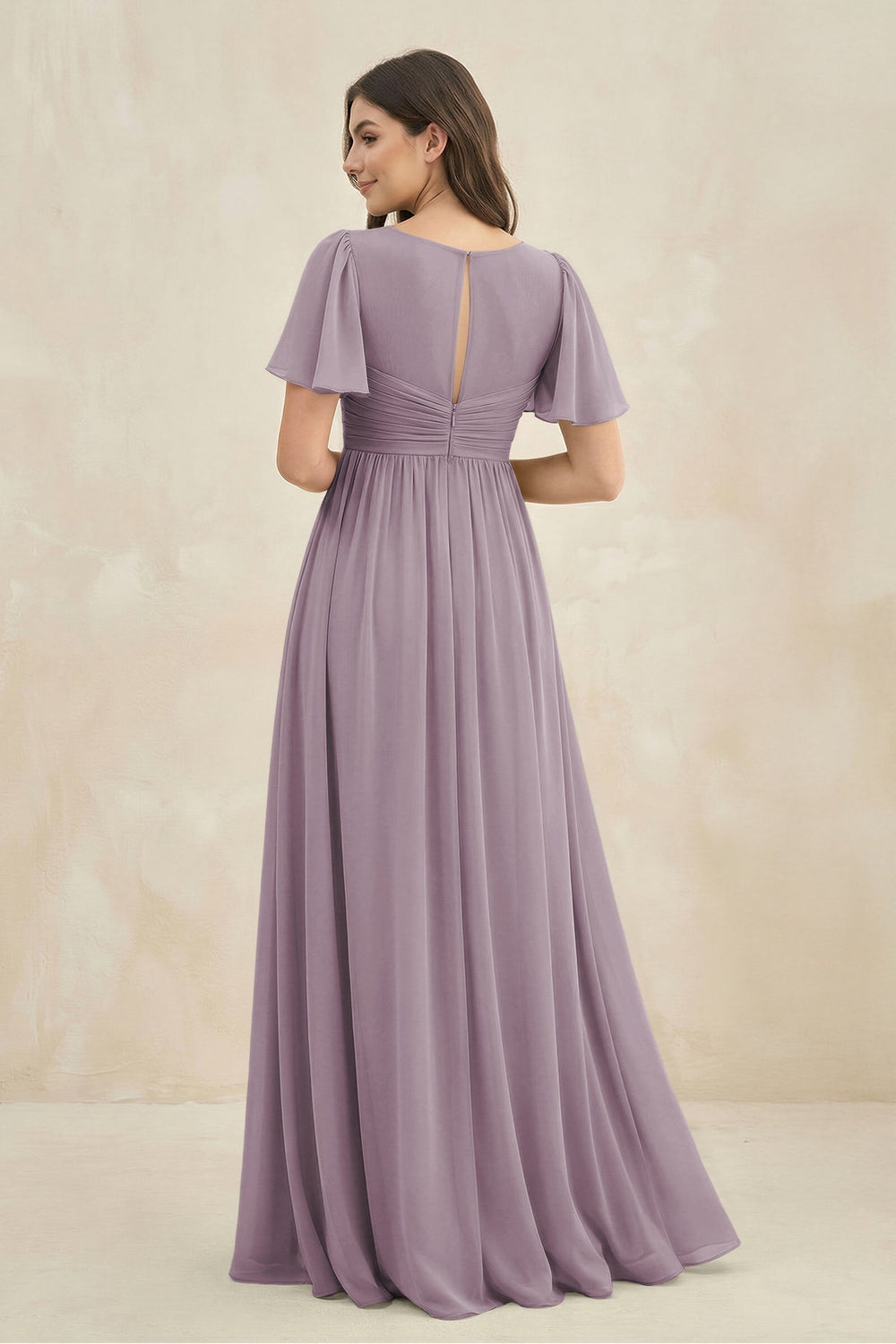 Short Sleeve Chiffon V-Neck A-Line Bridesmaid Dress in Dusk