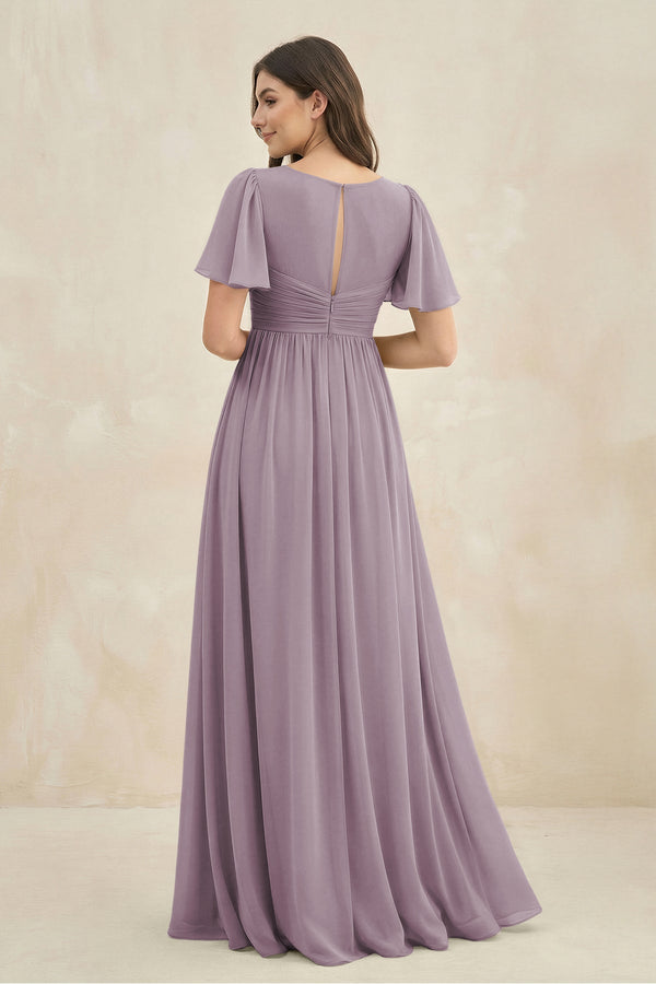 Dusk Short Sleeve Chiffon V-Neck A-Line Bridesmaid Dress (2) | KISSBRIDAL