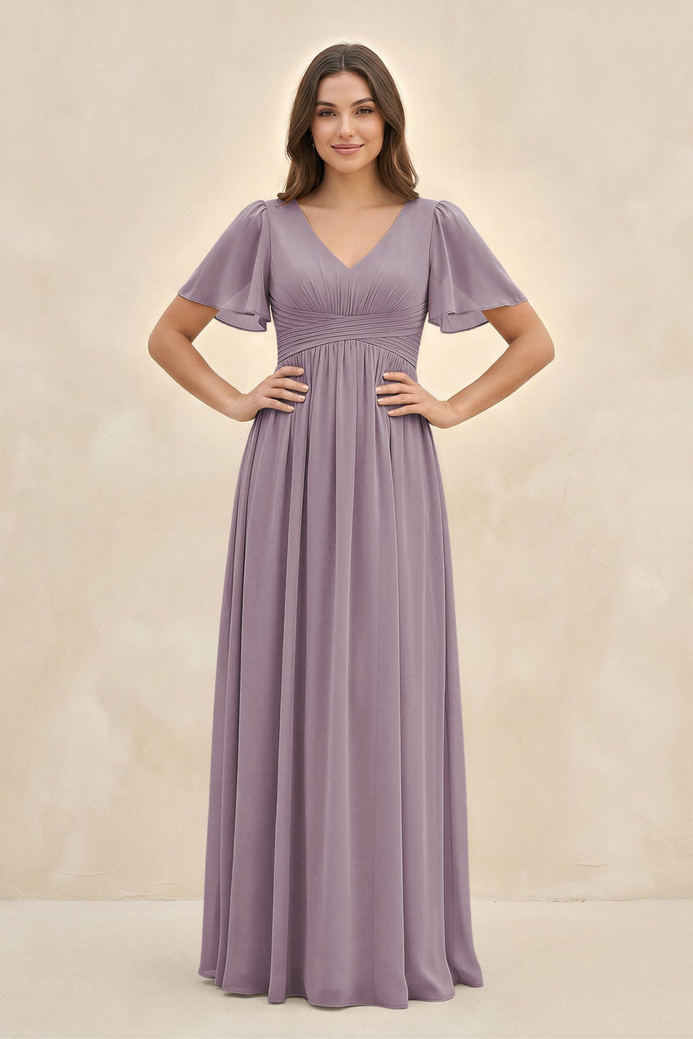 Short Sleeve Chiffon V-Neck A-Line Bridesmaid Dress in Dusk