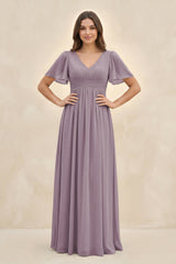 Dusk Short Sleeve Chiffon V-Neck A-Line Bridesmaid Dress | KISSBRIDAL