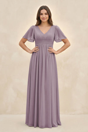 Dusk Short Sleeve Chiffon V-Neck A-Line Bridesmaid Dress | KISSBRIDAL