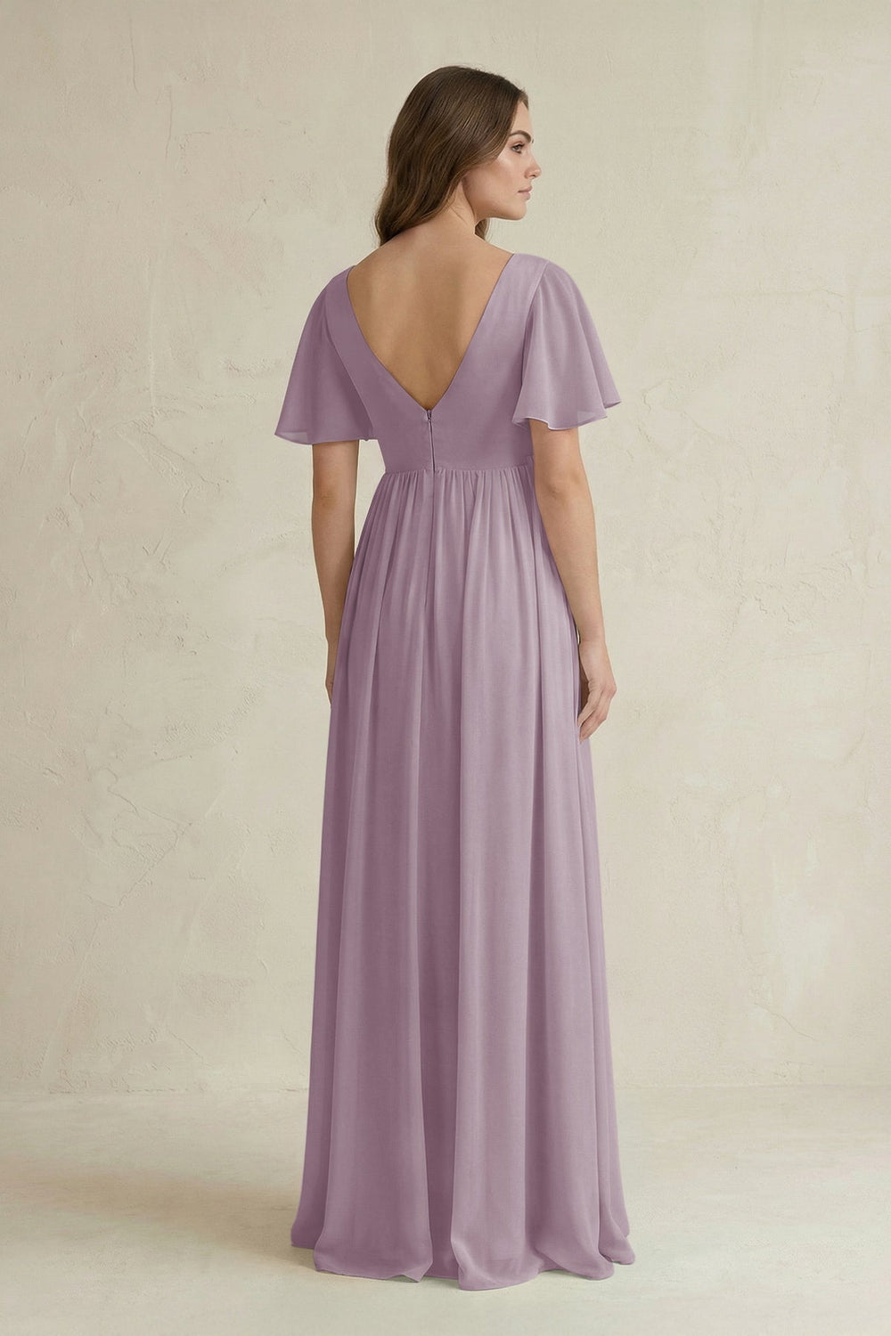 Short Sleeve V-Neck A-Line Chiffon Bridesmaid Dress in Dusk