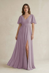 Dusk Short Sleeve V-Neck A-Line Chiffon Bridesmaid Dress | KISSBRIDAL