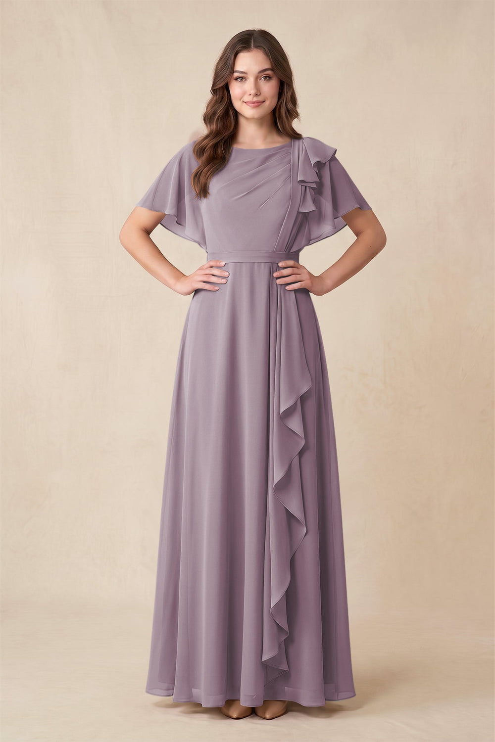 Short Sleeves Bateau A-Line Chiffon Bridesmaid Dress in Dusk