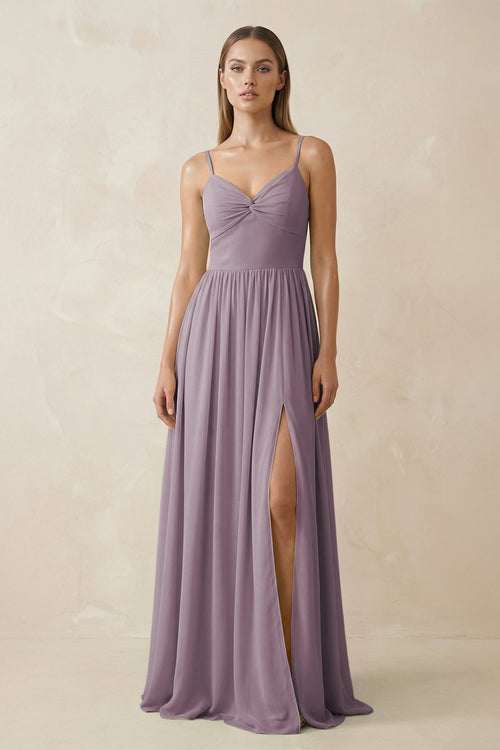 Dusk Spaghetti Strap Pleated A-Line Chiffon Bridesmaid Dress | KISSBRIDAL