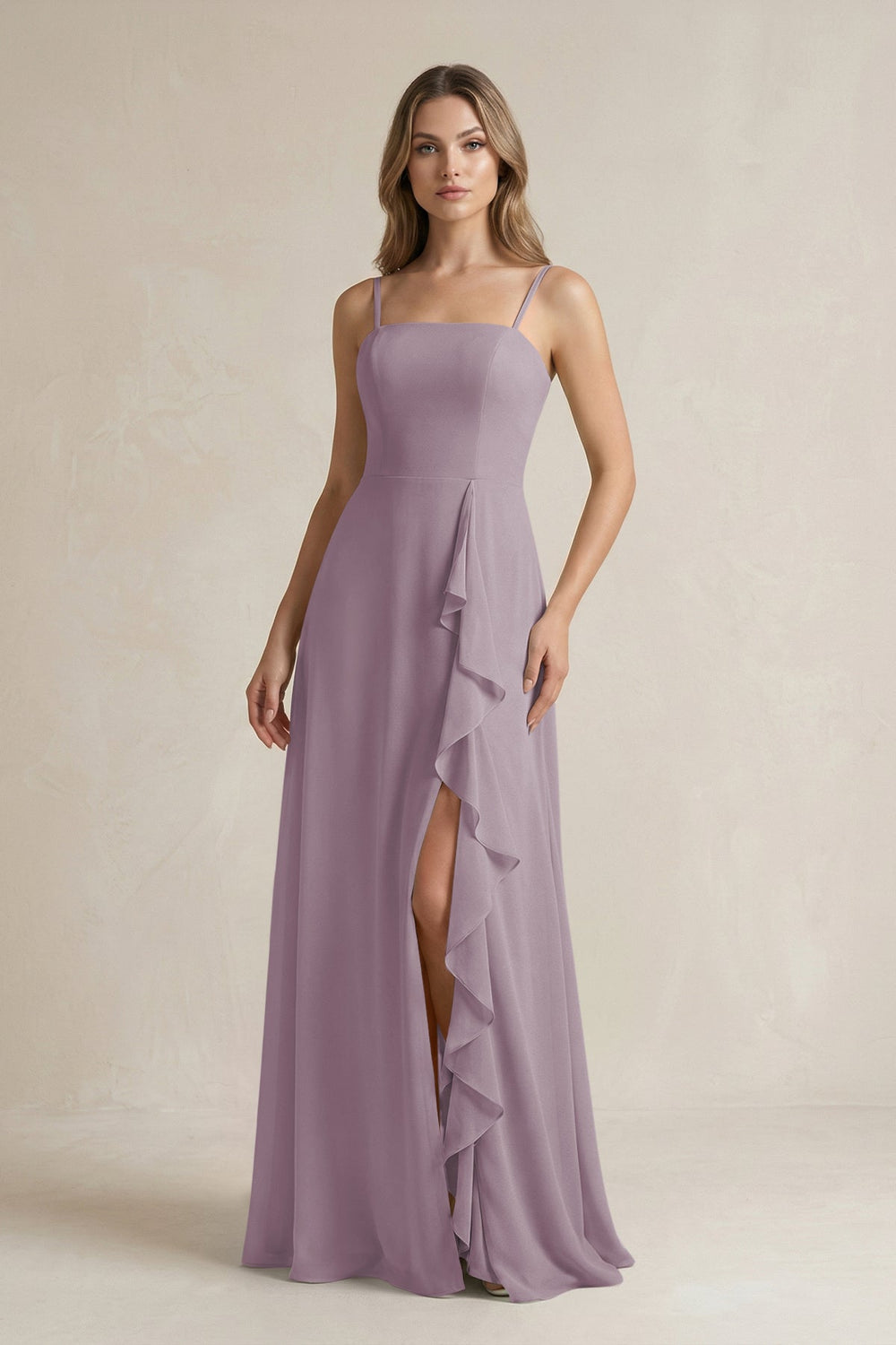 Spaghetti Strap Ruffled A-Line Chiffon Bridesmaid Dress in Dusk