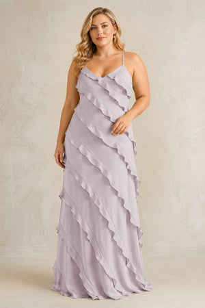 Dusk Spaghetti Straps Sheath Stain Ruffled Bridesmaid Dress | KISSBRIDAL[sizeplus]