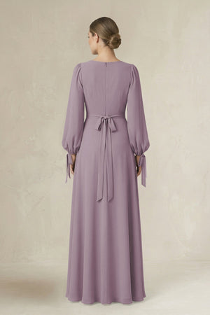 Dusk Square Neck Long Sleeve A-Line Chiffon Bridesmaid Dress in Dusk (2) | KISSBRIDAL