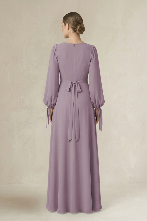 Dusk Square Neck Long Sleeve A-Line Chiffon Bridesmaid Dress in Dusk (2) | KISSBRIDAL