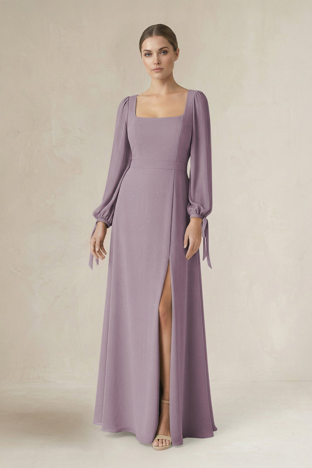 Square Neck Long Sleeve A-Line Chiffon Bridesmaid Dress in Dusk