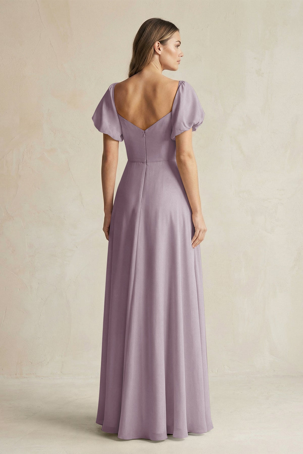 Sweetheart Puff Sleeve A-Line Chiffon Bridesmaid Dress in Dusk