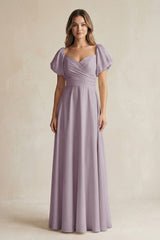 Dusk Sweetheart Puff Sleeve A-Line Chiffon Bridesmaid Dress | KISSBRIDAL