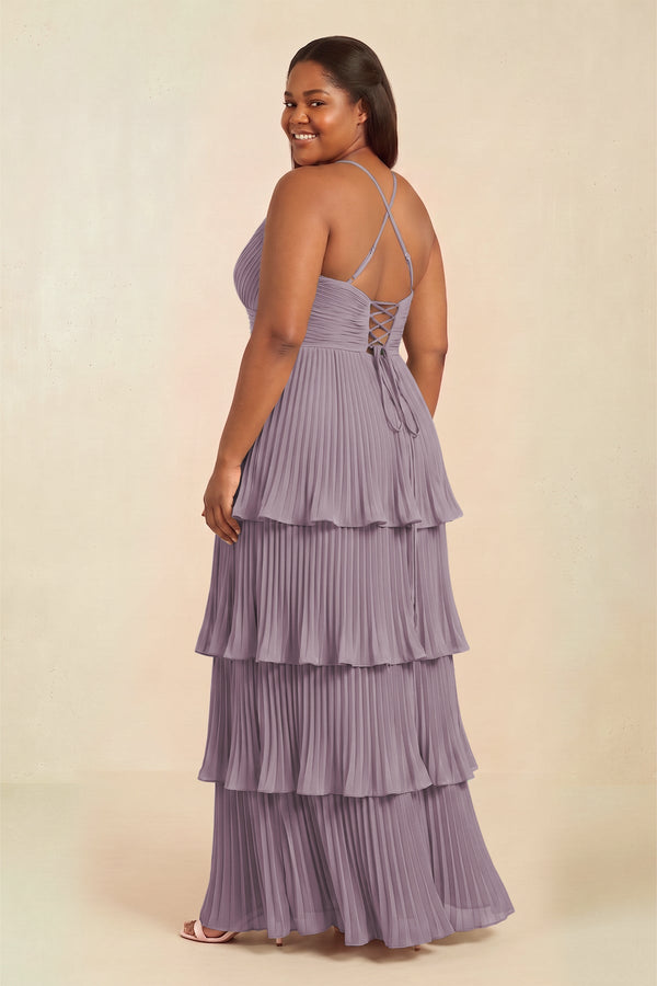 Dusk Tiered Pleated V-Neck A-Line Chiffon Bridesmaid Dress (2) [sizeplus] | KISSBRIDAL