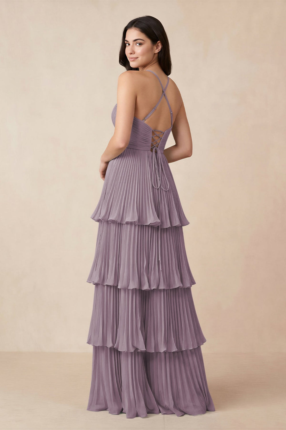 Tiered Pleated V-Neck A-Line Chiffon Bridesmaid Dress in Dusk