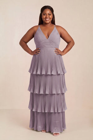 Dusk Tiered Pleated V-Neck A-Line Chiffon Bridesmaid Dress [sizeplus] | KISSBRIDAL