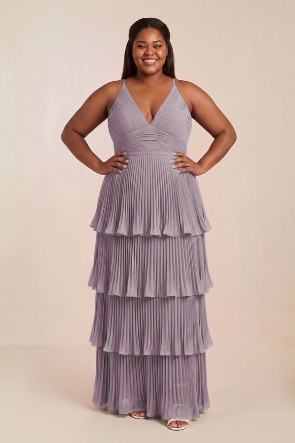 Dusk Tiered Pleated V-Neck A-Line Chiffon Bridesmaid Dress [sizeplus] | KISSBRIDAL