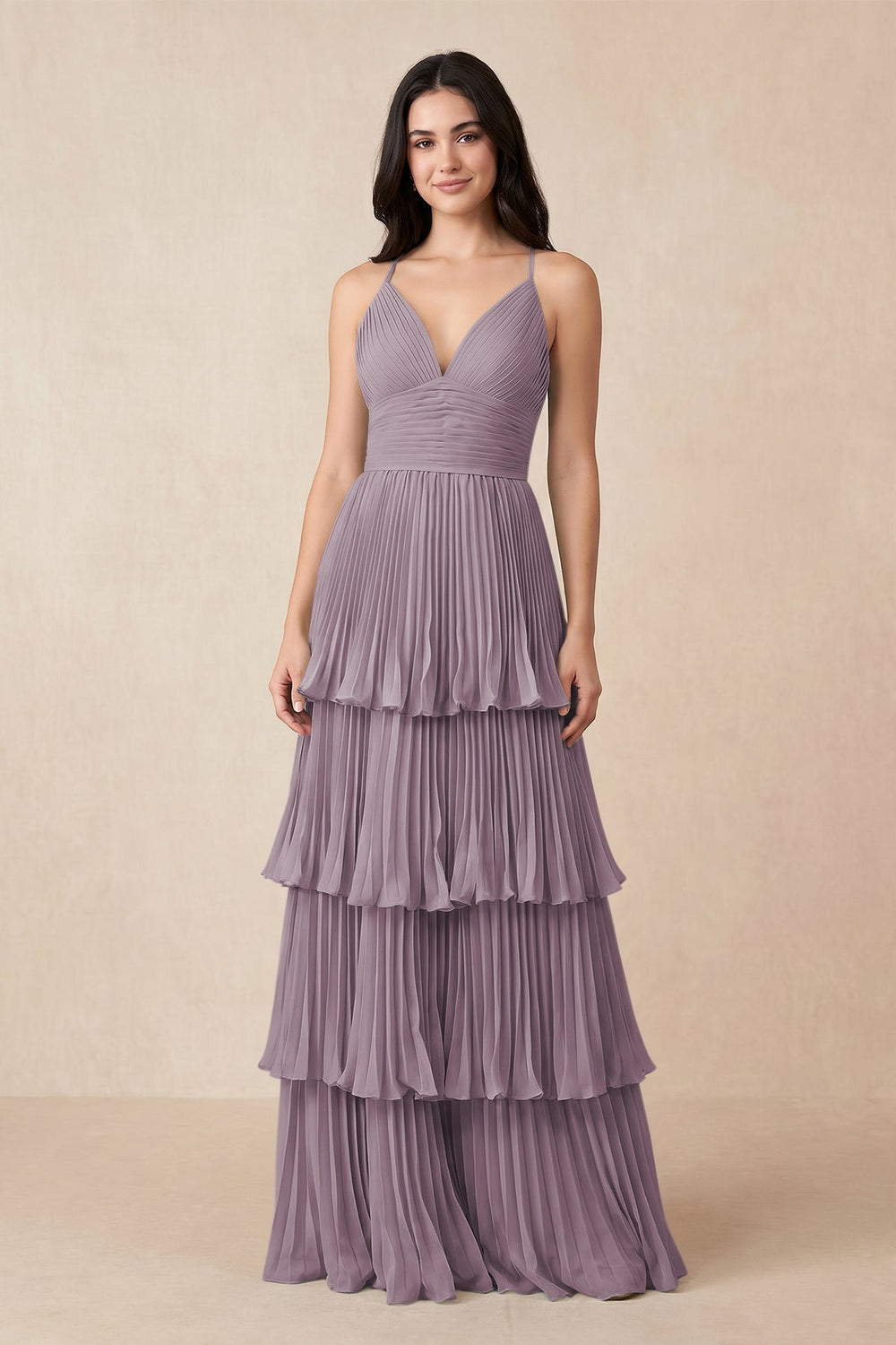 Tiered Pleated V-Neck A-Line Chiffon Bridesmaid Dress in Dusk