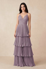 Dusk Tiered Pleated V-Neck A-Line Chiffon Bridesmaid Dress | KISSBRIDAL