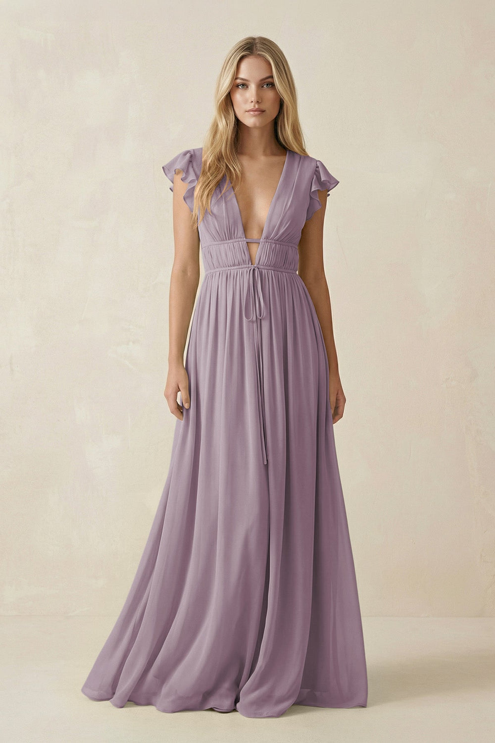 V-Neck A-Line Chiffon Cap Sleeves Bridesmaid Dress in Dusk