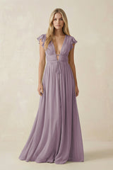 Dusk V-Neck A-Line Chiffon Cap Sleeves Bridesmaid Dress | KISSBRIDAL