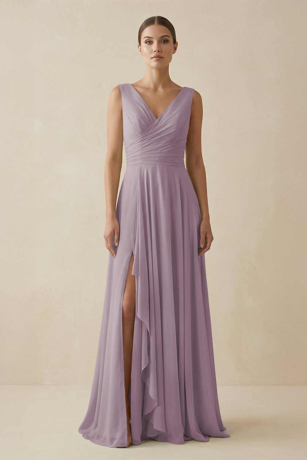 V-Neck A-Line Chiffon Ruffled Bridesmaid Dress in Dusk