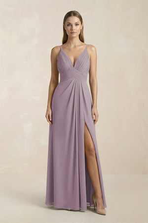Dusk V-Neck A-Line Pleated Chiffon Bridesmaid Dress | KISSBRIDAL