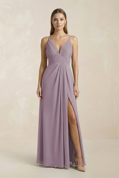 Dusk V-Neck A-Line Pleated Chiffon Bridesmaid Dress | KISSBRIDAL