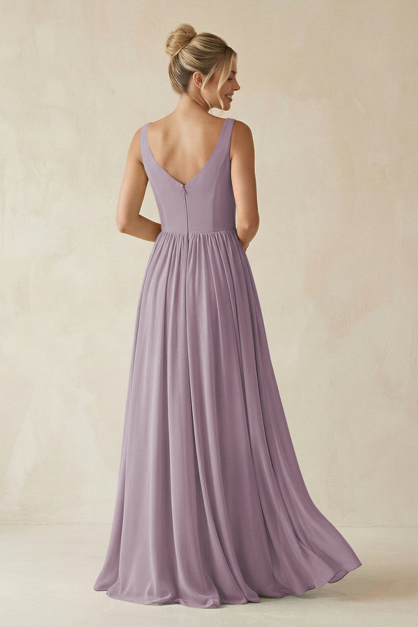 Dusk V-Neck Chiffon A-Line Long Bridesmaid Dress (2) | KISSBRIDAL