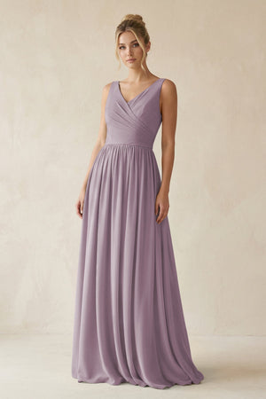 Dusk V-Neck Chiffon A-Line Long Bridesmaid Dress | KISSBRIDAL