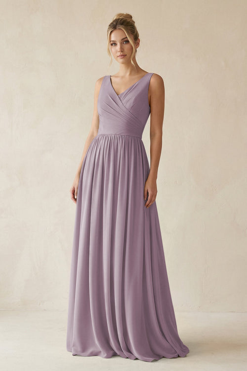 Dusk V-Neck Chiffon A-Line Long Bridesmaid Dress | KISSBRIDAL