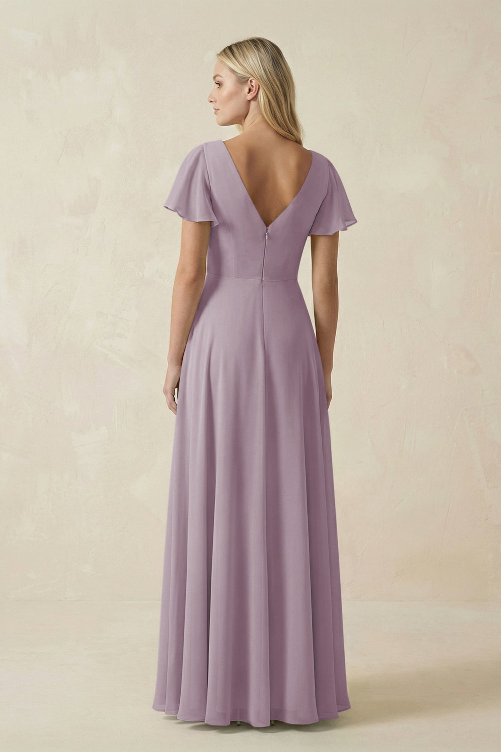 V-Neck Flutter Sleeve A-Line Chiffon Bridesmaid Dress in Dusk