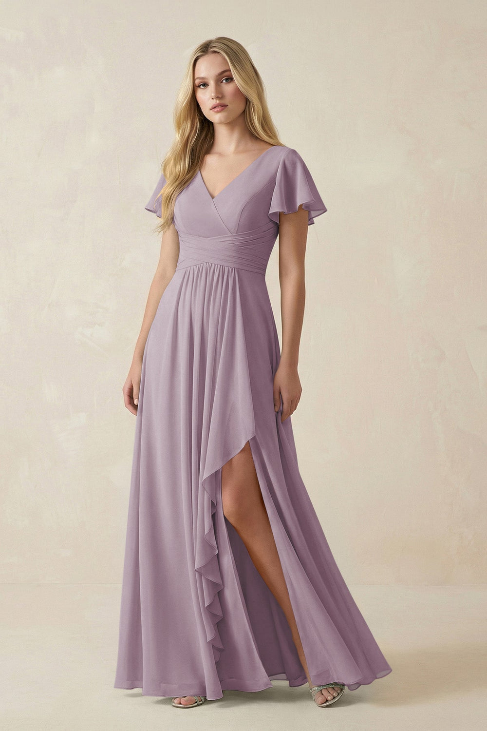 V-Neck Flutter Sleeve A-Line Chiffon Bridesmaid Dress in Dusk