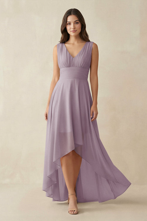 Dusk V-Neck High-Low Chiffon Bridesmaid Dress | KISSBRIDAL