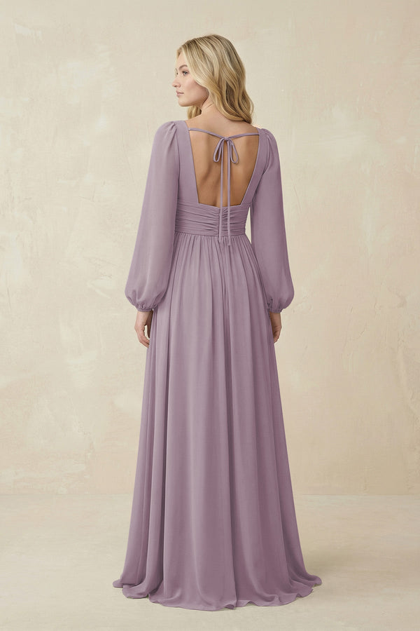 Dusk V-Neck Long Sleeve A-Line Chiffon Bridesmaid Dress (2) | KISSBRIDAL