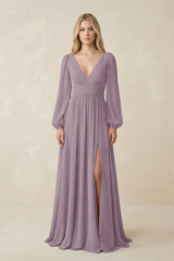 Dusk V-Neck Long Sleeve A-Line Chiffon Bridesmaid Dress | KISSBRIDAL