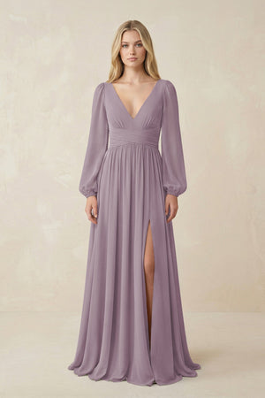 Dusk V-Neck Long Sleeve A-Line Chiffon Bridesmaid Dress | KISSBRIDAL