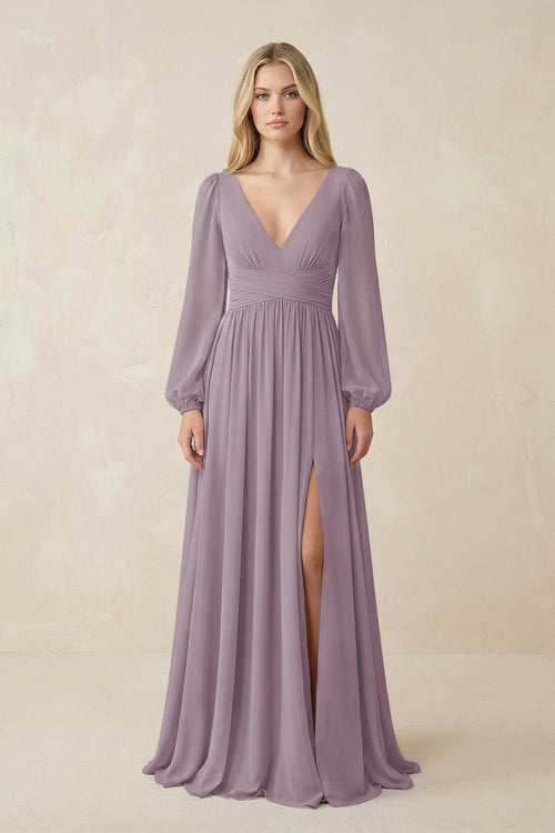 Dusk V-Neck Long Sleeve A-Line Chiffon Bridesmaid Dress | KISSBRIDAL
