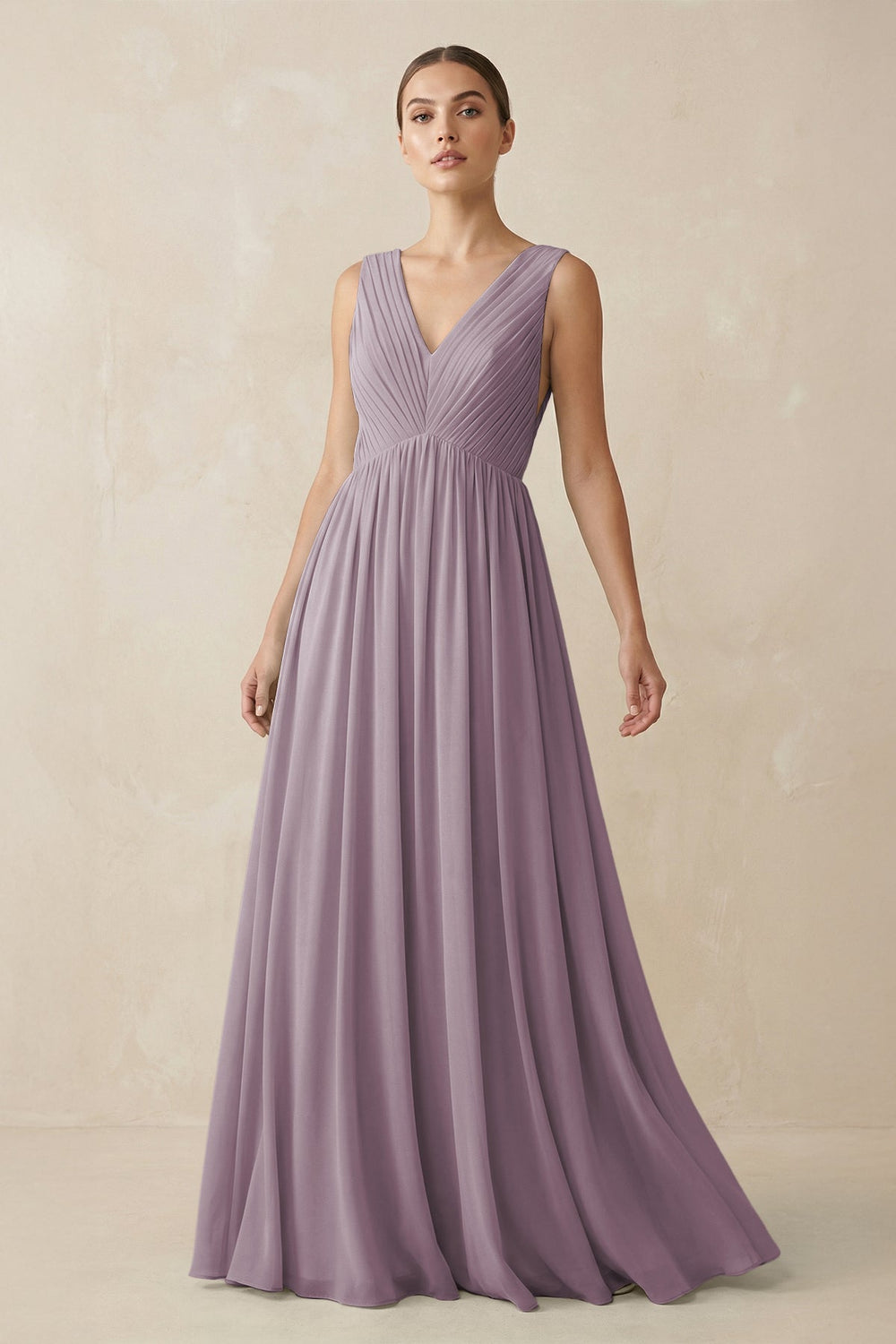 V-Neck Pleated A-Line Chiffon Bridesmaid Dress in Dusk