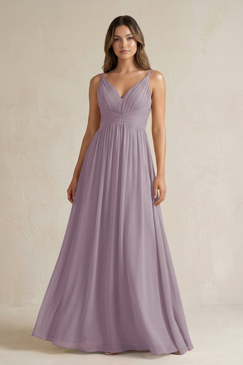 V-Neck Pleated A-Line Chiffon Bridesmaid Dress in Dusk
