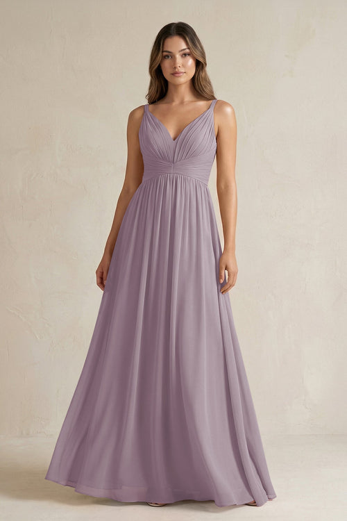 Dusk V-Neck Pleated A-Line Chiffon Bridesmaid Dress | KISSBRIDAL