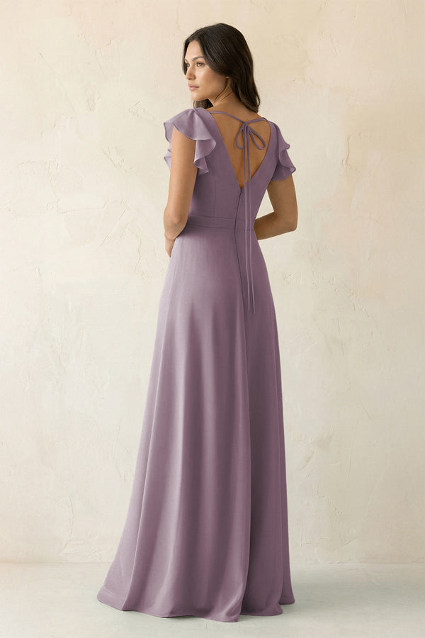 Dusk V-Neck Ruffled A-Line Chiffon Bridesmaid Dress (2) | KISSBRIDAL